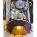 An oval wood and silver plate mounted gallery tray and a selection of silver plate etc