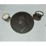 A William Pitt bronze memorial medal, a silver ring with citrine coloured stone and another ring