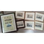 Six various etchings of Liverpool and Birkenhead harbours or sea scenes, a reproduction Titanic