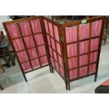 An Edwardian threefold mahogany screen with lattice panels, each 84 x 38cm