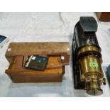 A converted brass and nickel lantern projector and a collection of various slides etc.