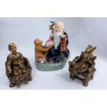 3 Chinese porcelain figures: one of a monkey giving fruit to a Sage & two others (minor chips and