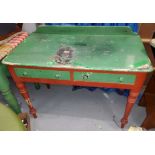 A Victorian painted pine kitchen side table with 2 frieze drawers and turned legs, width 105 cm.