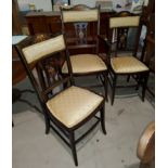 An Edwardian inlaid mahogany armchair; 2 bedroom chairs