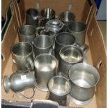 A collection of varios pewter tankards some with glass bases, a lidded example etc