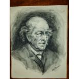 J.W. Renton: A monochrome watercolour half potrait of an elderly gentleman, a pair of textured