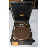 A 1920's table top HMV wind up gramophone (some rusting etc)