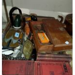 Two decoy duck telephones; a scientific balance scale, metal ware and bric a brac