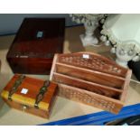 A 19th century mahogany jewellery box with fretted brass inlay; a letter rack; a 'Fernwood' box