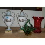 A pair of classical vase style porcelain vases / table lamp bases; 2 1950's coloured glass vases