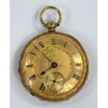 A key wound open faced fob watch in 18 carat hallmarked gold case with extensive chased