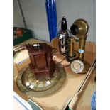 A brass stick telephone; an Art Deco chrome siphon; a brass tray; a cigarette dispenser