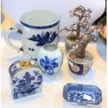 A selection of blue and white Chinese ceramics, a large mug handle re-attached with metal