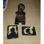 A Bronze bust of Byron on marble plinth signed, 15cm; and two miniature silhouettes framed