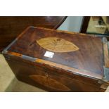 A Sheraton period inlaid and crossbanded 2 division tea caddy (some veneer and crossbanding and