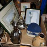 A box of watercolours; Royal Worcester ramekin dishes; a plated teapot and milk jug; a claret jug; a