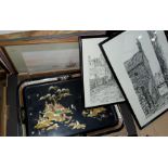 A tin bed tray with oriental design to the front; a selection of pictures and prints