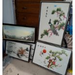 5 Japanese embroidered silk pictures framed and glazed and other framed prints