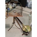 An Edwardian magazine rack with pedestal base, a warming pan, 3 vintage golf clubs