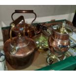 Two 19th century copper kettles; a brass kettle and a samovar