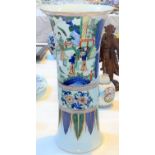 A Chinese famille verte cylindrical vase with flared rim, depicting a domestic scene, height