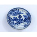 A small 19th century Chinese dish decorated with mountain scenes and farming, with floral border, d.