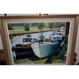 Ken Jepson: oil on board of canal boats 34x33cm, S. Fenton: watercolour of a street scene, an oil on