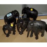 Five various African carved hardwood elephants largest 15cm (tusks missing)