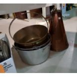 Two brass jampans; an aluminium jampan; a copper conical flask etc
