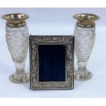 466. A pair of hall marked silver rimmed hobnail cut glass vases and a small hms photograph frame