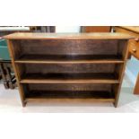 An oak 4 height small bookcase; a walnut occasional table with rectangular top; a long low footstool