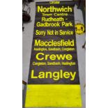 A fluorescent rolling bus destination roller for mid-Cheshire, Macclesfield etc