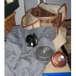 A wicker and canvas fisherman's creel, 3 fly reels, a waistcoat etc