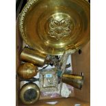 A square brass desk ink well, brass plaques, a brass Liptons British Empire Caddy etc