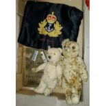 Two early 20th century teddy bears, a Royal Navel tea cosy etc