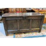 A late 18th/19th century oak panelled chest with hinged plank top lid with carved decoration to