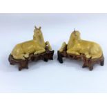 A pair of Chinese yellow glaze horses lying down on fitted wooden stands, length 18cm (some areas of