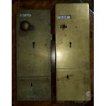 Two early 20th century brass lavatory locks, with enamel message signs, one Lockerbie and