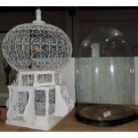 A Victorian oval glass dome (stand does not quite fit); an ornamental bird cage