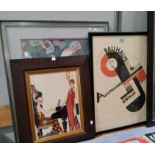 A reproduction Bauhaus poster, 58 x 41 cm; 5 other framed photos