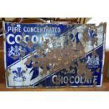 A Fry's Pure Cocoa and Chocolate tin plate enamel advertising sign in blue (heavily rusted with