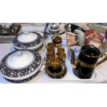 Two "Florentine" tureens by Wedgwood; a Royal Doulton character jug "Long John Silver"; a black &