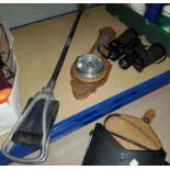 A warming pan; a shooting stick; an aneroid barometer & a pair of binoculars.