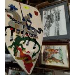 A painted shield shaped panel of a knight on horseback and dragon, 2 framed Victorians fashion