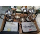 Two vintage style BOAC A H First class toiletry bags and contents and a four piece silver plated tea