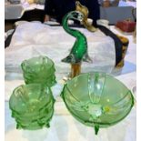 A Murano bird; a 1930's green glass fruit set
