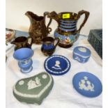 A selection of Wedgwood Jasperware and other Wedgwood and four copper lustre jugs