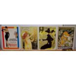 Three Art Nouveau style advertising signs and an Audrey Hepburn sign