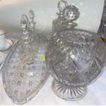 A pair of Waterford cut glass oil/vinegar vessels with stoppers, a large and heavy cut glass oval