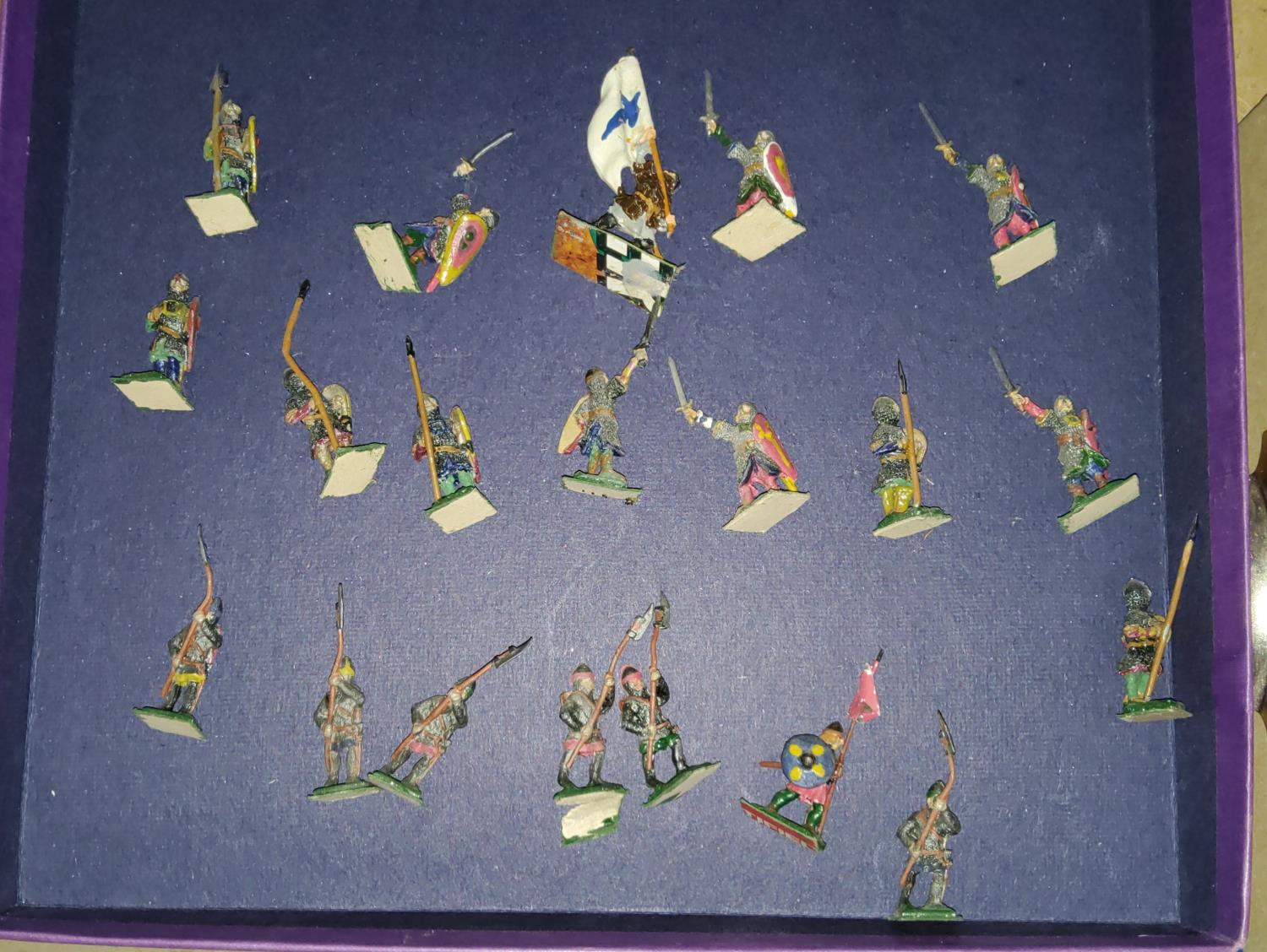A selection of vintage Britains style painted metal table top war miniatures of crusade spearmen
